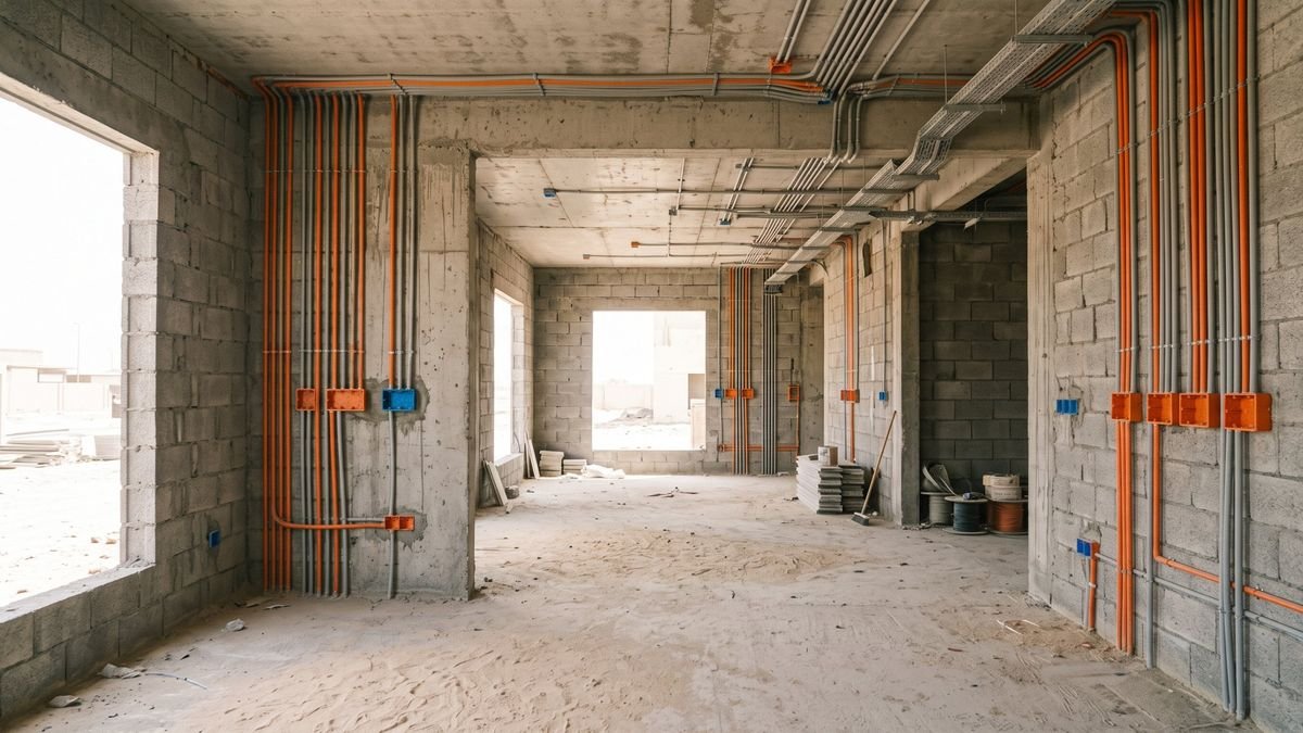 Villa under construction in Kuwait with cables run before the walls close
