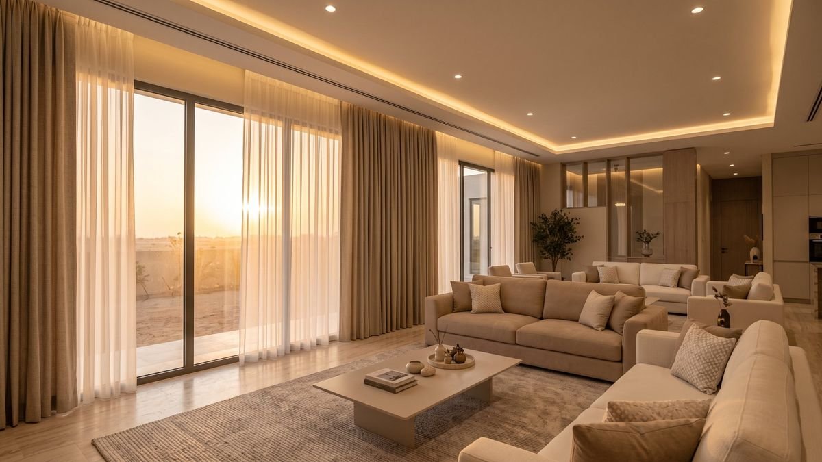 Living room at sunset with motorised curtains closing