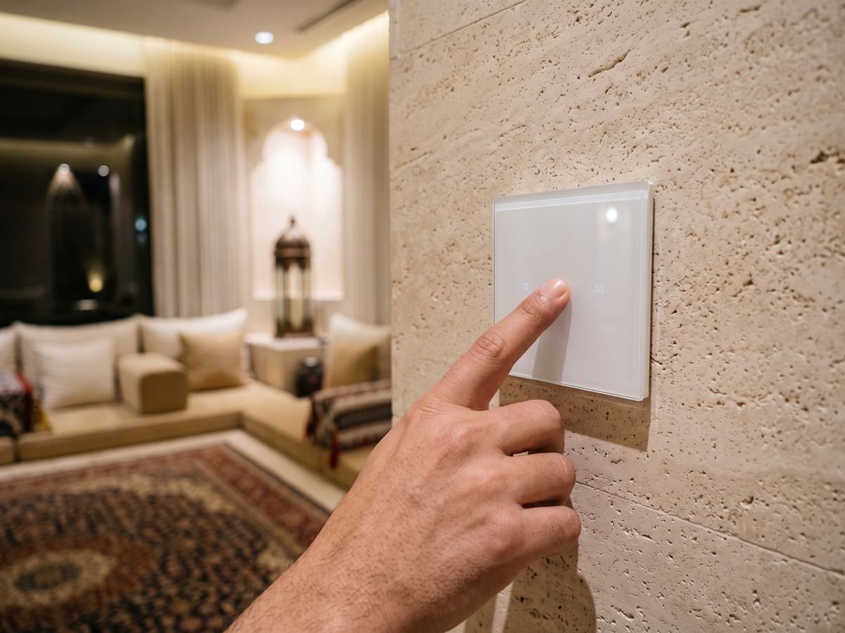 Hand pressing a smart wall switch in a Kuwaiti majlis